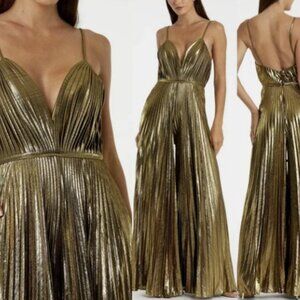 Mac Duggal Gold Metallic Pleated V-Neck Jumpsuit - size 8 currently sold out